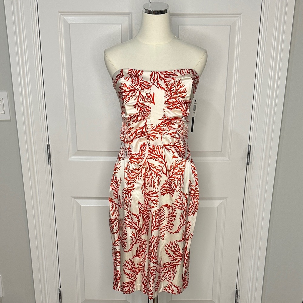 NWT David Meister SILK Coral Strapless Vacation Wedding Guest Midi Dress Size 12